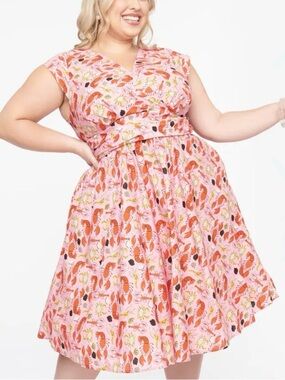 NWT Retrolicious 1950s Pink & Red Lobster Print Cotton Greta Swing Dress 2X